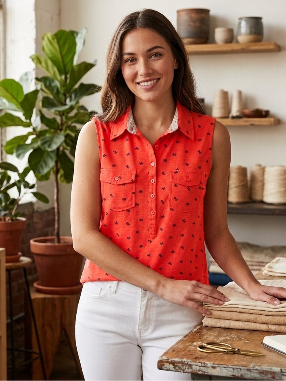 Eden & Olivia sleeveless button up, red/orange, polyester blend top. Size L NWOT